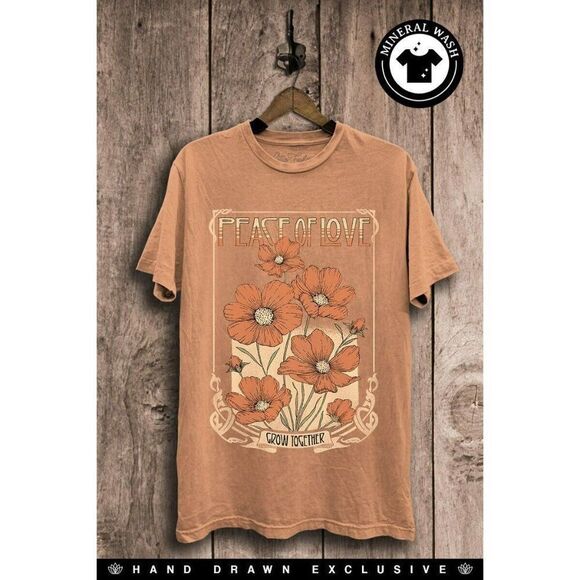 Lotus Fashion Tops - Peace of Love California Poppy Graphic Tee Boho Western Retro Coral Mineral Wash